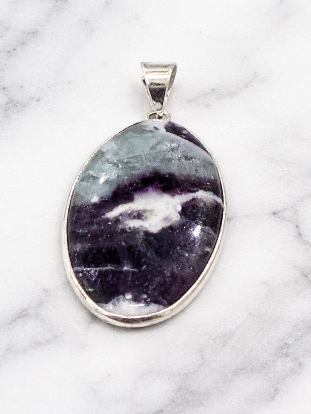 Large Fluorite Pendant Sterling Silver Iridescent Flash Statement Stone